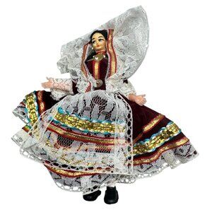 Vintage Traditional European Folk Doll Lace Dress & Velvet Accents Figurine READ